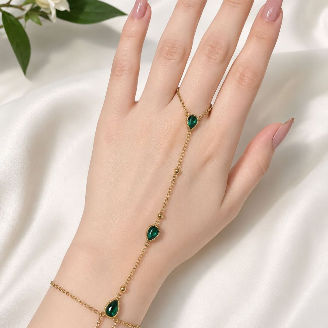 Green Stone Hand Chain Bracelet
