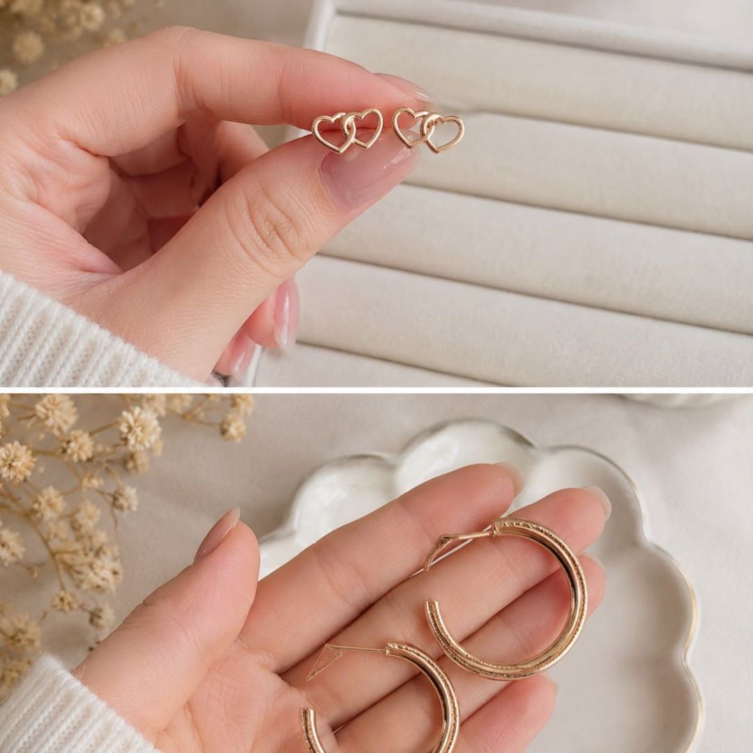Golden Double Heart & Classic Hoop Earrings Set