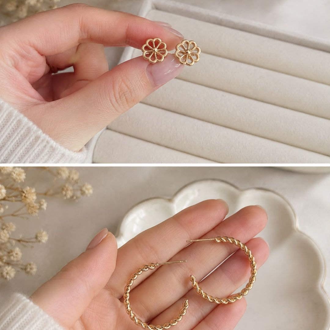 Golden Floral & Twisted Hoop Earrings Set
