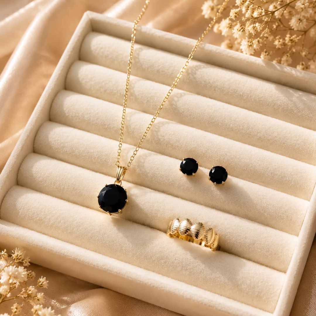Black Pendant Lockit, Stud Earrings & Adjustable Ring