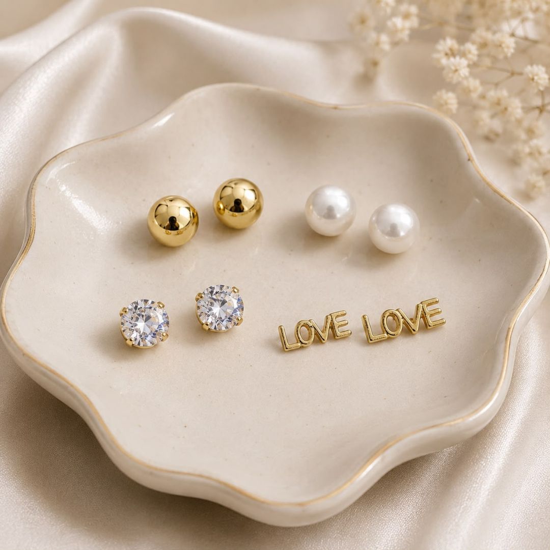 Gold & Pearl Stud Earrings Set